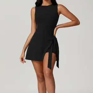 TCVC Women's solid color breast-wrapped lace-up side round neck vest dress, sleeveless short dress with fit and casual style, tennis skirt,  2-in-1 Workout Golf Skort for Gym, Running, Yoga, Casual Wear, Suitable for Spring & Summer Wear