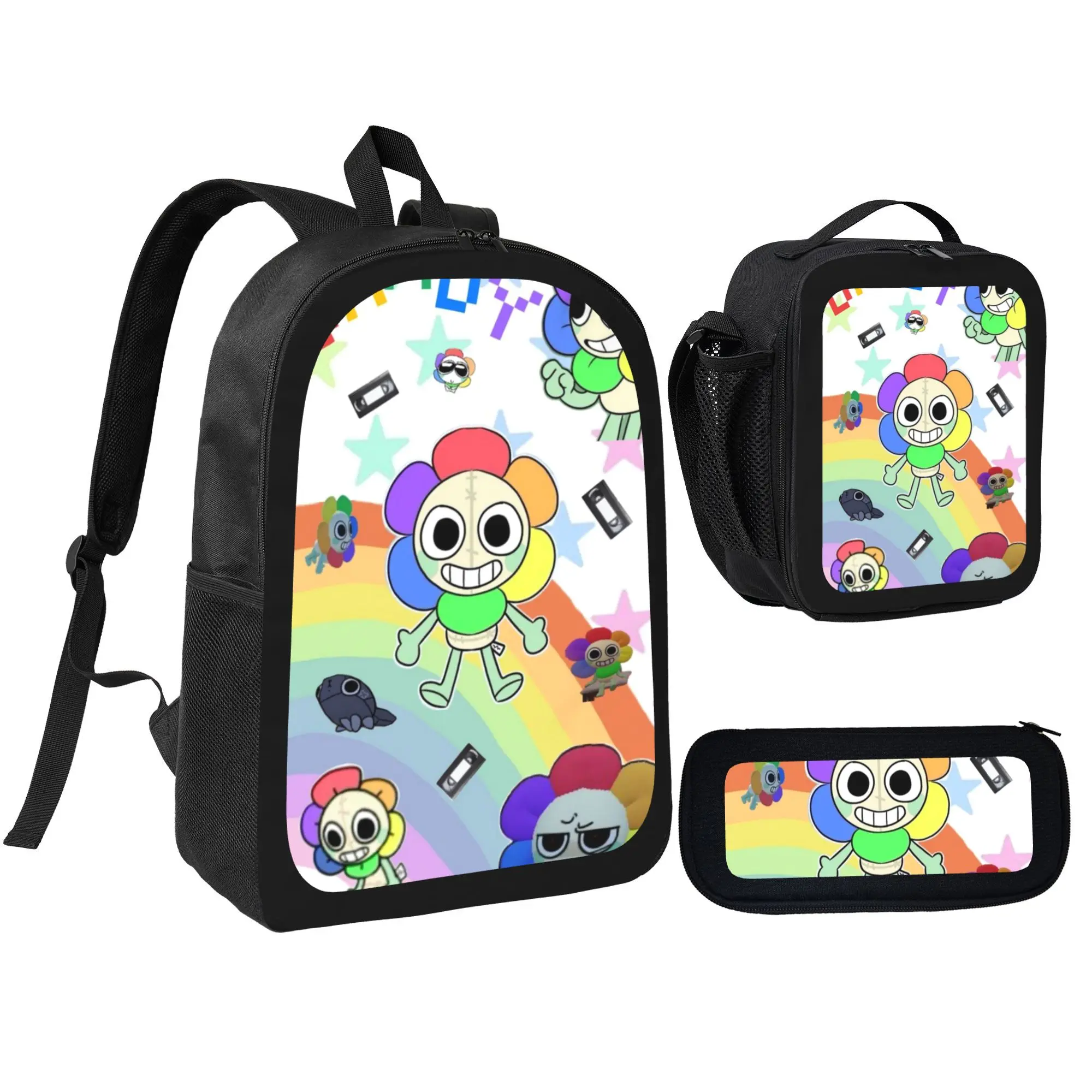 Dandy's World Printed 3in1 School Bag Set, Insulated Thermal Lunch Bag + Big Pencil Case Combo, Breathable Strap Travel Daypack Backpack for Kids Boys and Girls