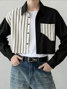 INCERUN Men's Fashionable Short Sleeve Shirt with Stripe Color Block Design, Stylish Casual Top for Summer Everyday Wear, Striped