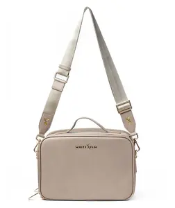 White Elm Aven Travel Train Case - Taupe Vegan Leather Makeup Bag with Elastic Pockets & Zippered Sections for Brushes & Skincare