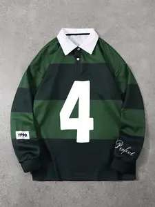 Men's Regular Fit Number 4 Striped Print Polo Shirt, Casual Long Sleeve Collared Top for All Seasons, Fashion Menswear for Daily Wear