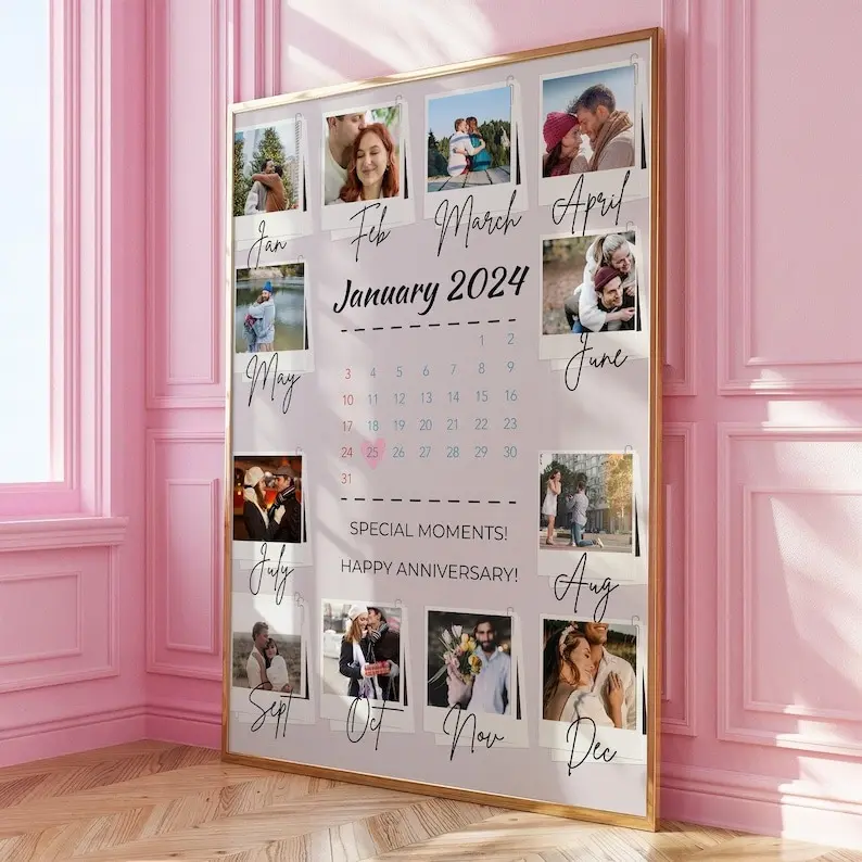 Personalized Couples Anniversary Print Gift, Valentine’s Day Photo Collage, Memorable Romantic Keepsake for Partner, Best Gift for Him, 1st Anniversary Special Wall Art