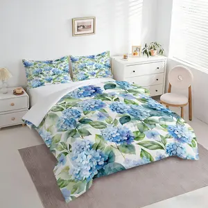 2/3pcs Hydrangea Floral Comforter Set, Watercolor Flower Quilt Bedding Set with Pillowcases, Botanical Garden Bedspread, Elegant Nature-Inspired Pink Blue Bedroom Decor for Teens & Adults