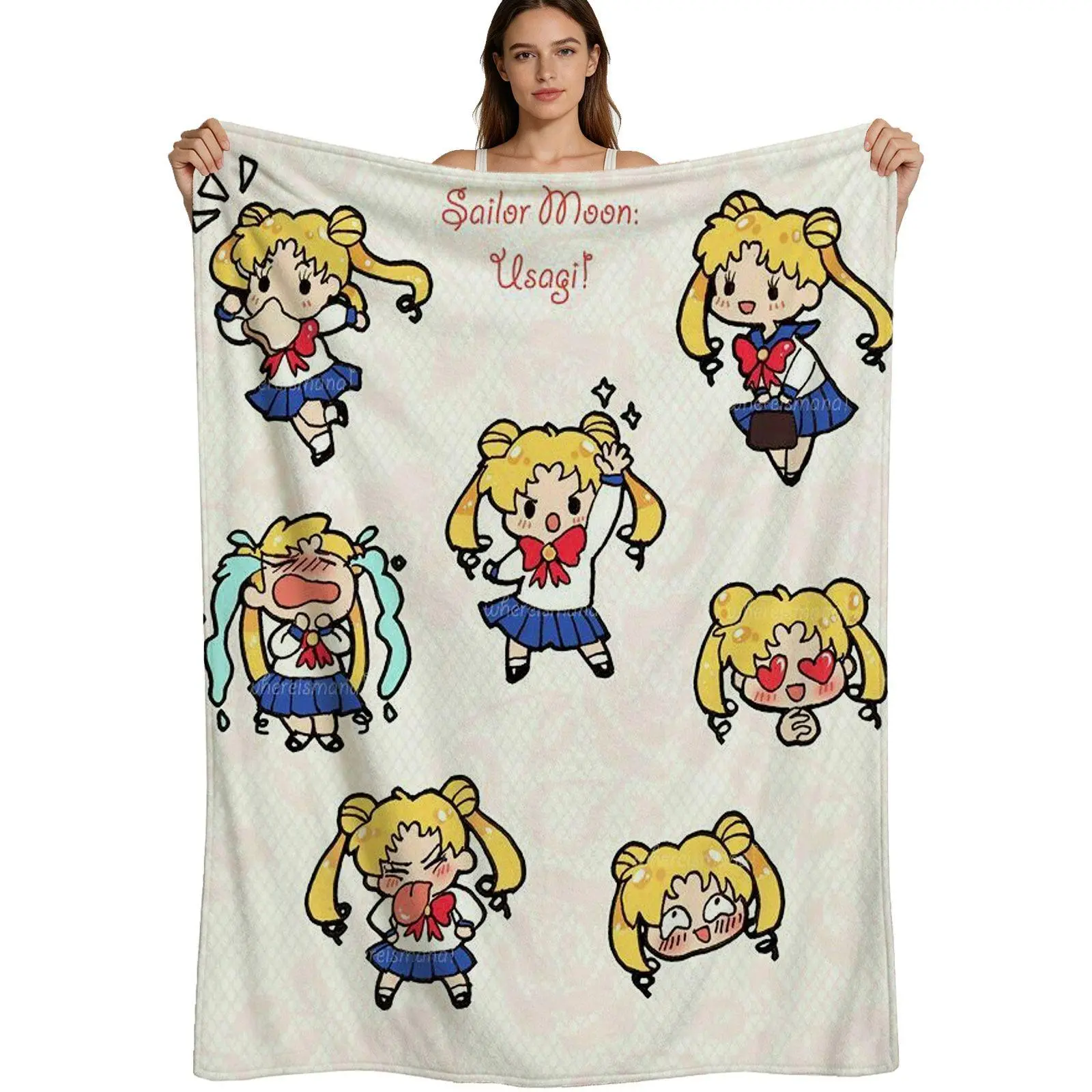 Kawaii Anime Style, Warm Flannel Blanket, Cute Sailor Moon Usagi Tsukino Chibi Pattern, Soft Fuzzy Fabric With Vibrant Print, For Girls And Anime Fans Bedroom Decor, 4 Sizes Available Single Pack