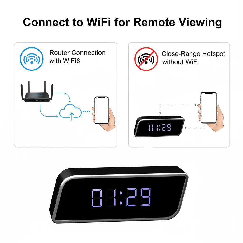 Alarm Clock  2-in-1: Time Display & Real-Time Recording, 1080P FHD, HD Night Vision, 2600mAh Long Battery Life, WiFi & AP Hotspot, Local SD Card Storage, Home Office Indoor Security