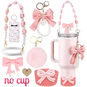 Cup Additions Keychian Set, Bow Straw Cover, Water Bottle Handle Strap, Cup Boot, Pearl Charms, Straw Topper for 40Oz And 30Oz Tumbler for Women And Men