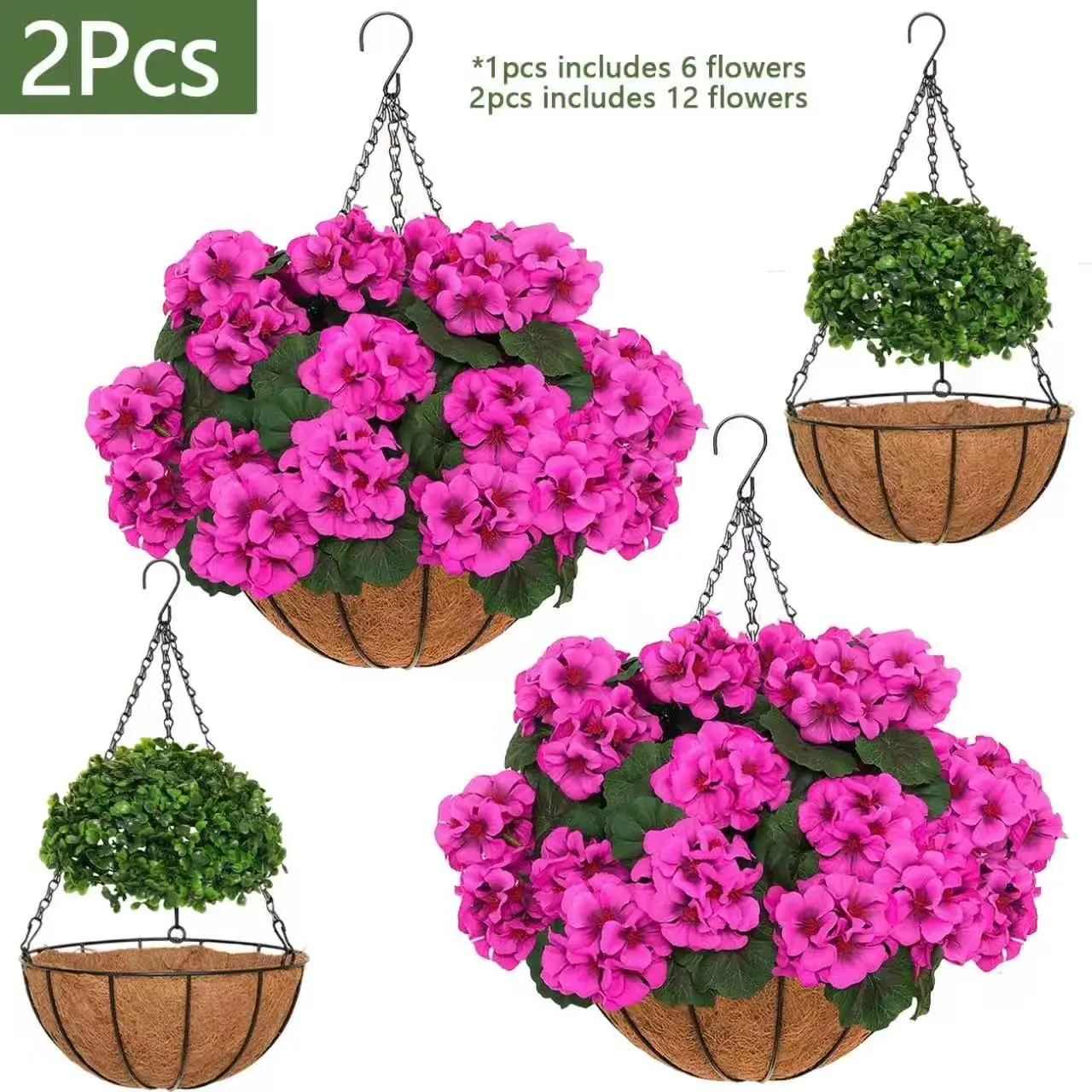 2Pcs Artificial Geraniums Hanging Baskets, 12 Bundles UV Resistant Faux Red Flower Plants, Silk Material Everlasting Floral Arrangement, All Seasons Indoor Outdoor Decor for Front Porch, Home, Patio, Balcony and Yard summerwins