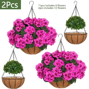2Pcs Artificial Geraniums Hanging Baskets, 12 Bundles UV Resistant Faux Red Flower Plants, Silk Material Everlasting Floral Arrangement, All Seasons Indoor Outdoor Decor for Front Porch, Home, Patio, Balcony and Yard