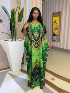 African Style Rhinestone Plus Size Dress, Includes Large Headscarf, Printed Short Sleeve Loose Robe, Traditional Kaftan, Elegant Party Breathable Wear