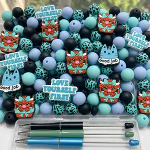 3 Set Beadable Pens with 5 styles of accessories - 3PC Beadable Pens, 20PC Diamond Spacers, 16PC Ball Beads,12PC Lentil-shaped Beads ，3PC Cartoon pattern for DIY Accessories Kit, Office Supplies, Gifts