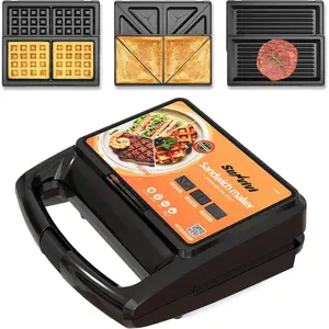 3 in 1 Sandwich Maker, Electric Waffle Maker with Removable Non-stick Plates, 800W  Press Grill with Glass Top, Cool  Handle & Easy to Clean, Black