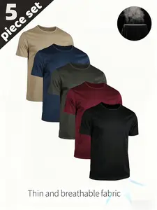 5-Pack Men's Quick-Dry Short Sleeve T-Shirts, Lightweight Fabric, Round Neck, Casual Summer Wear, Ideal for Gifts, Running, Fitness Clothes Tops, Breathable Top, Casual Workout Tops, Athletic T Shirts