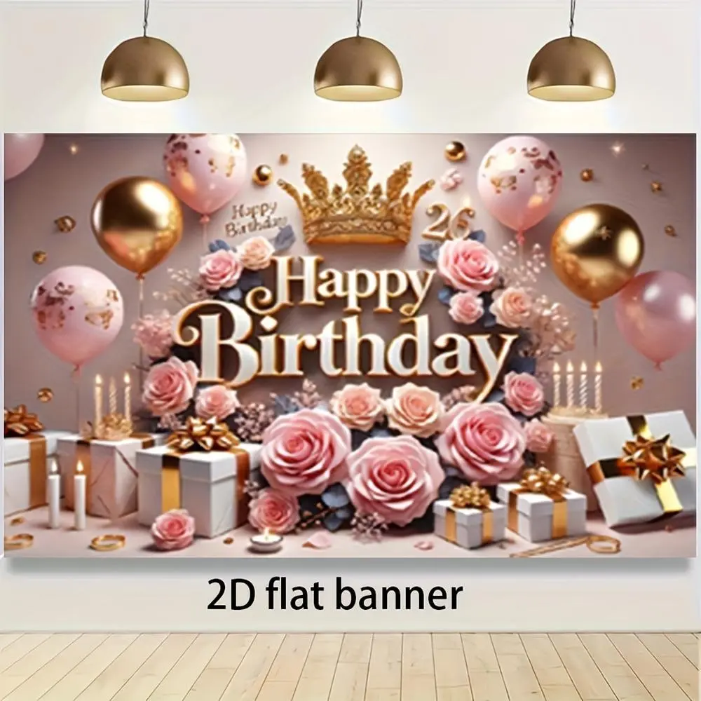 1pc Soft Durable Polyester 2D Flat Party Wall Hanging Backdrop - Glam Floral Golden-Pink Rose, Balloons, Candles, Gifts Design, White Banner, Hanging Loop for Indoor, Outdoor Birthday Celebrations (No Power Needed)