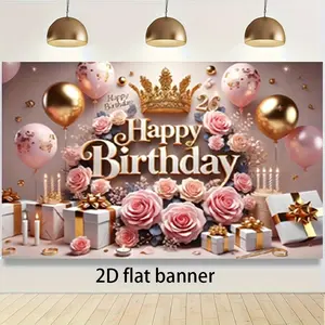 1pc Polyester 2D Flat Elegant Birthday Party Backdrop - Wall Hanging with Golden-Pink Rose Motif, Balloons, Candles, Gifts Design, White Banner for Indoor-Outdoor Celebrations (No Power Needed)