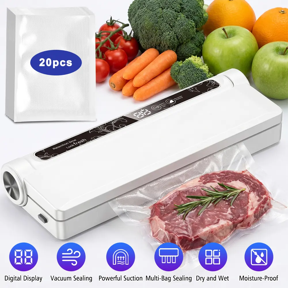 Food Vacuum Sealer Machine, Dry/Wet Modes, 20 Bags Included, Digital Countdown Timer, LED Indicator, Compact Design for Home Kitchen and Food Storage