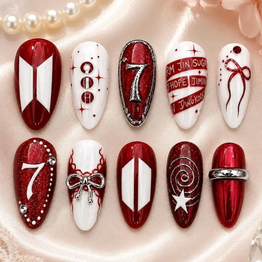 ARMY Inspired Press On Nails, Bangtan Press On Nails, Red White Kpop Nail Set, Army Concert Gift, Reusable Custom Fake Nails