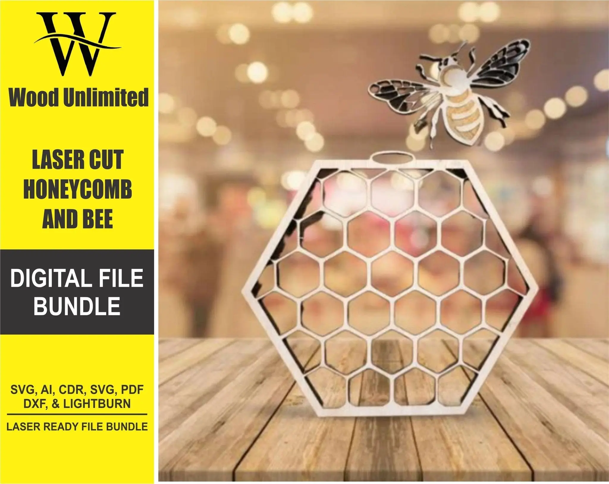 Honeycomb and Bee - Digital File Bundle for Laser Cutters - SVG, AI, Lightburn, PDF - Glowforge Ready