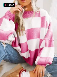 Women's Plaid Bishop Sleeve Knitted Sweater, Casual Fall & Winter Knitwear, Long Sleeve Drop Shoulder Fitted Pullover, Fashionable Ladies' Top Womenswear Piece