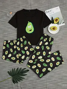 3 Piece Set, Women's Short Sleeve Sleepwear Set, Avocado Print, Includes T-Shirt and Shorts/leggings, Comfortable Ladies' Pajamas, Casual Style