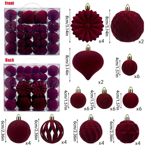 48 PCS Velvet Christmas Balls, Flocked Christmas Tree Ball Ornaments, Plastic Balls Xmas Decorative Hanging Ornaments Christmas Tree Decoration