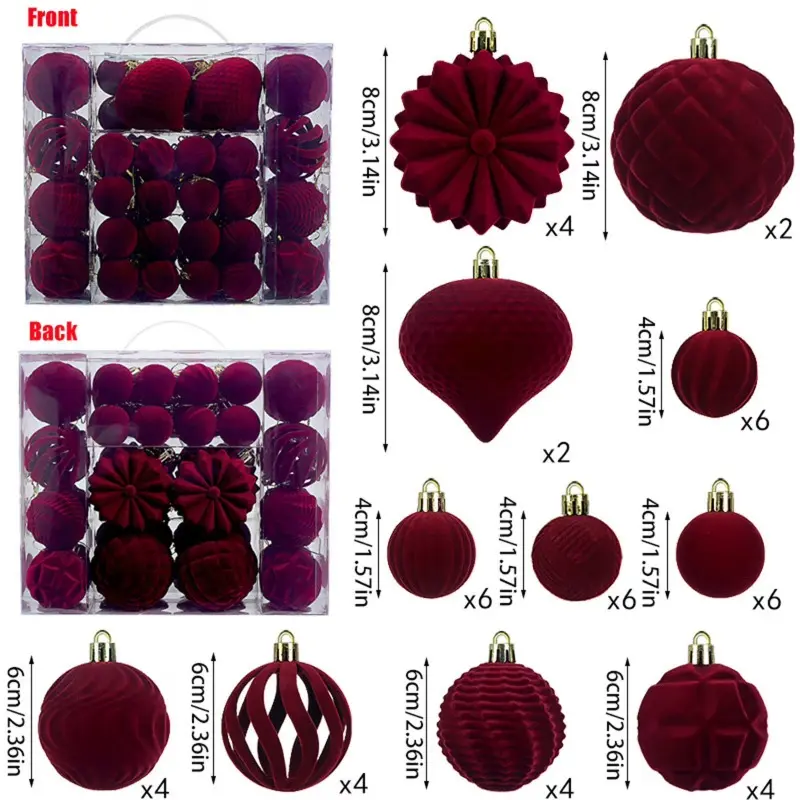 48 PCS Velvet Christmas Balls, Flocked Christmas Tree Ball Ornaments, Plastic Balls Xmas Decorative Hanging Ornaments Christmas Tree Decoration