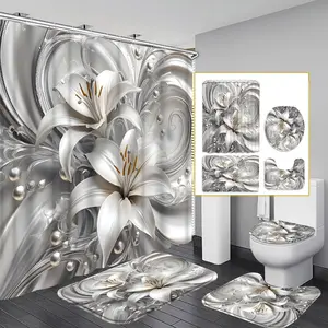 1pc/4pcs 2D Flat Embossed Lily Pattern Multi-Color Background Shower Curtain, Modern and Personalized Home Bathroom Art Decoration, Shower Curtain Set with 12 Hooks, Bathroom Non-Slip Mat, Toilet Seat Cover, Holiday Decoration