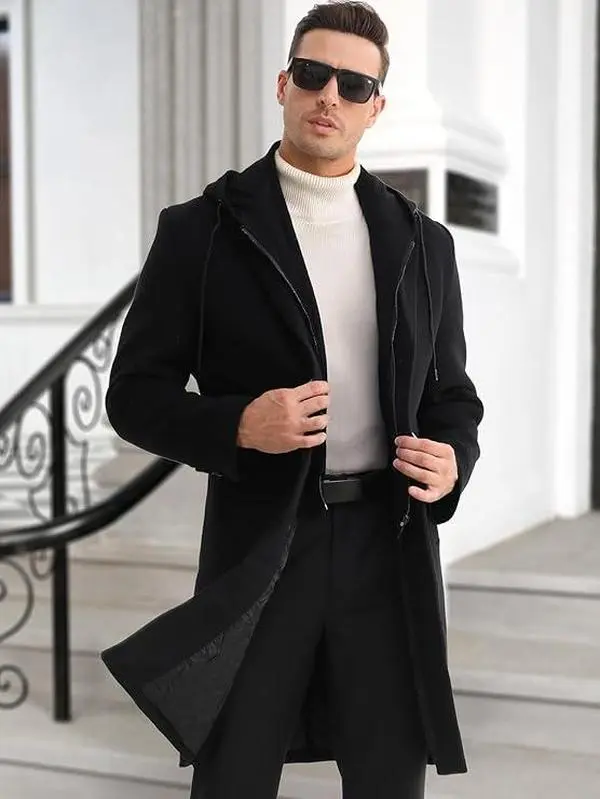 APTRO Men's Stylish Premium Wool Trench Coat - Plain Long-Sleeve Winter Hooded Tops for Business Wear, Beige