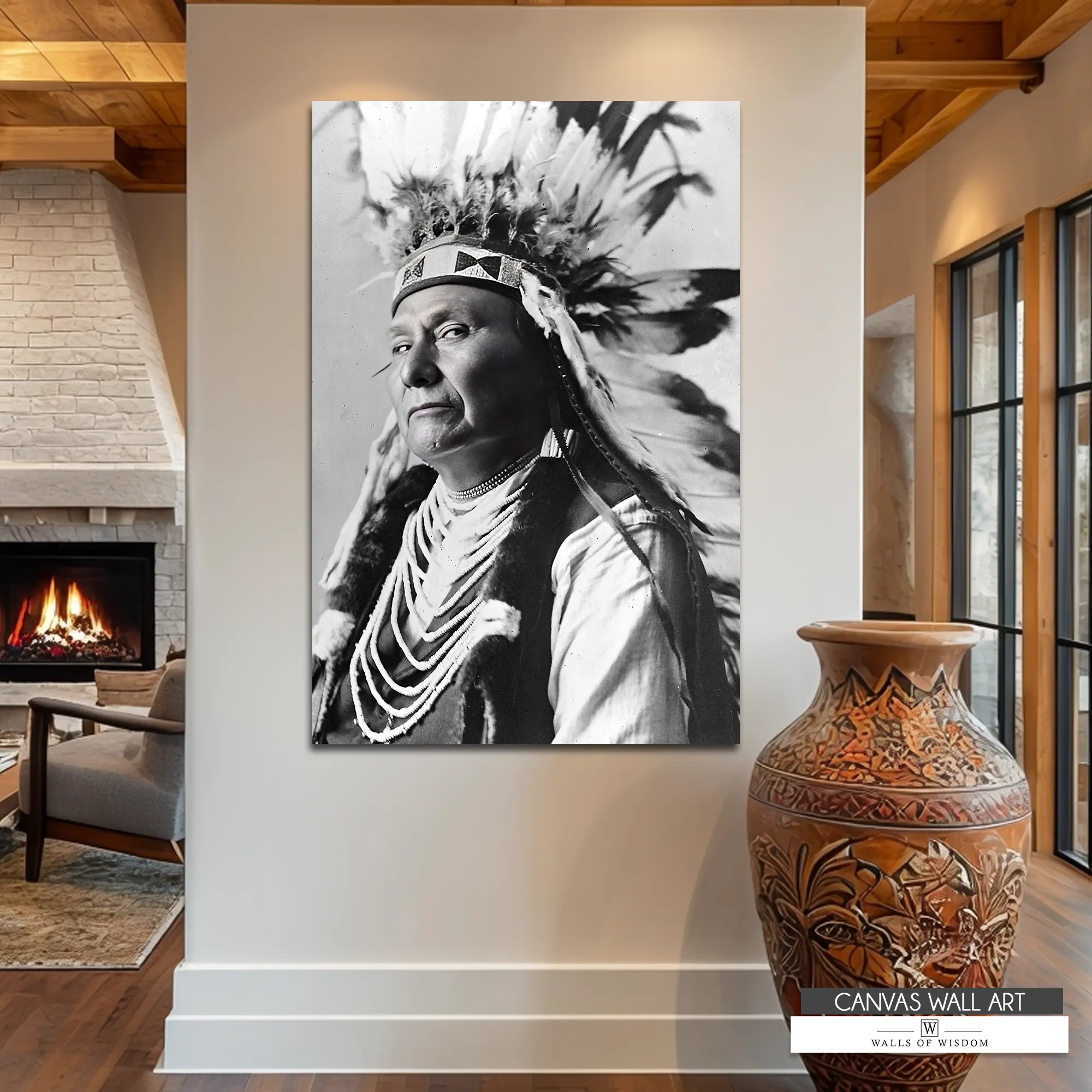 Chief Joseph Native American Decor Canvas Art – Vintage Western Black White Wall Art, American Indian Portrait, Modern Cowboy Print Large, Southwestern Boho Decor, Living Room Rustic Farmhouse, Unique Gift Ideas, Vintage Cowgirl Decoration Ready to Hang