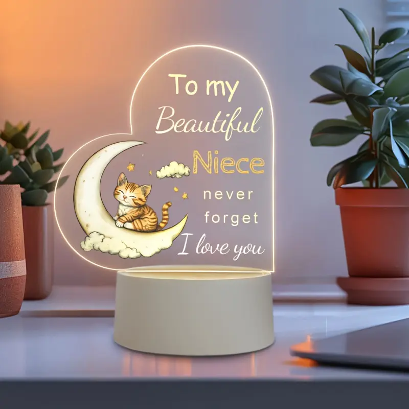 Cute Cat Moon Night Light with 'to My Niece' Message, Acrylic Heart Lamp, Thanksgiving Gift, Bedside Table Lamp, Room Decoration