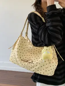 1pc Ladies' cat paw print large capacity tote bag, cute rabbit pendant casual shoulder bag, sweet Korean daily bag, suitable for campus and commuting