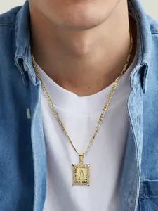 Initial Letter Pendant Necklace For Women Men Square Capital Monogram Necklace Alhpabets From A-Z Figaro Chain Necklace For Women Men