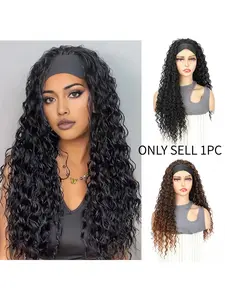 European American Style Synthetic Fiber Full Machine Made Wig for Women Long Afro Deep Wavy Curly Headband Headscarf Wig in Stock Ready to Ship