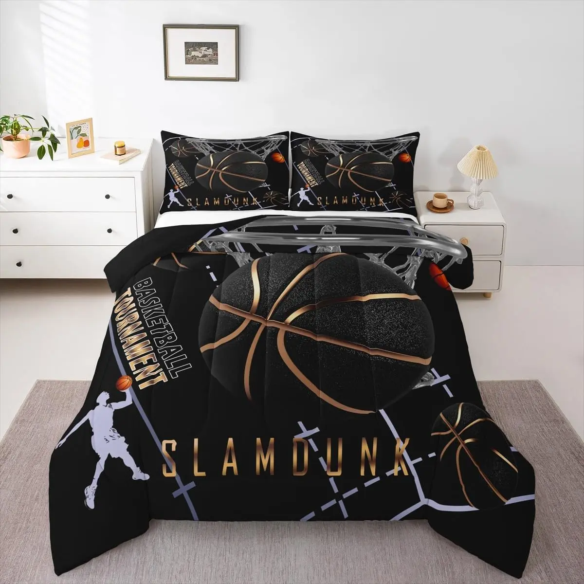 Feelyou Basketball Court Theme Bed Cover Set - Breathable Comfy Quilt, Sportsman Slam Dunk Design Bedding Set, Multi-Size Travel-Friendly Linen Bundle for Sports Enthusiasts