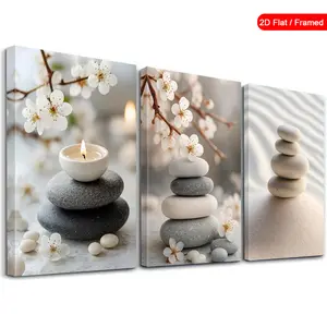 3-piece set of spring floral framed canvas prints, Zen-inspired stone wall art, tranquil atmosphere home poster, mindfulness art print, vintage art piece, modern home decor, aesthetic room style, wall art for living room and bedroom, framed