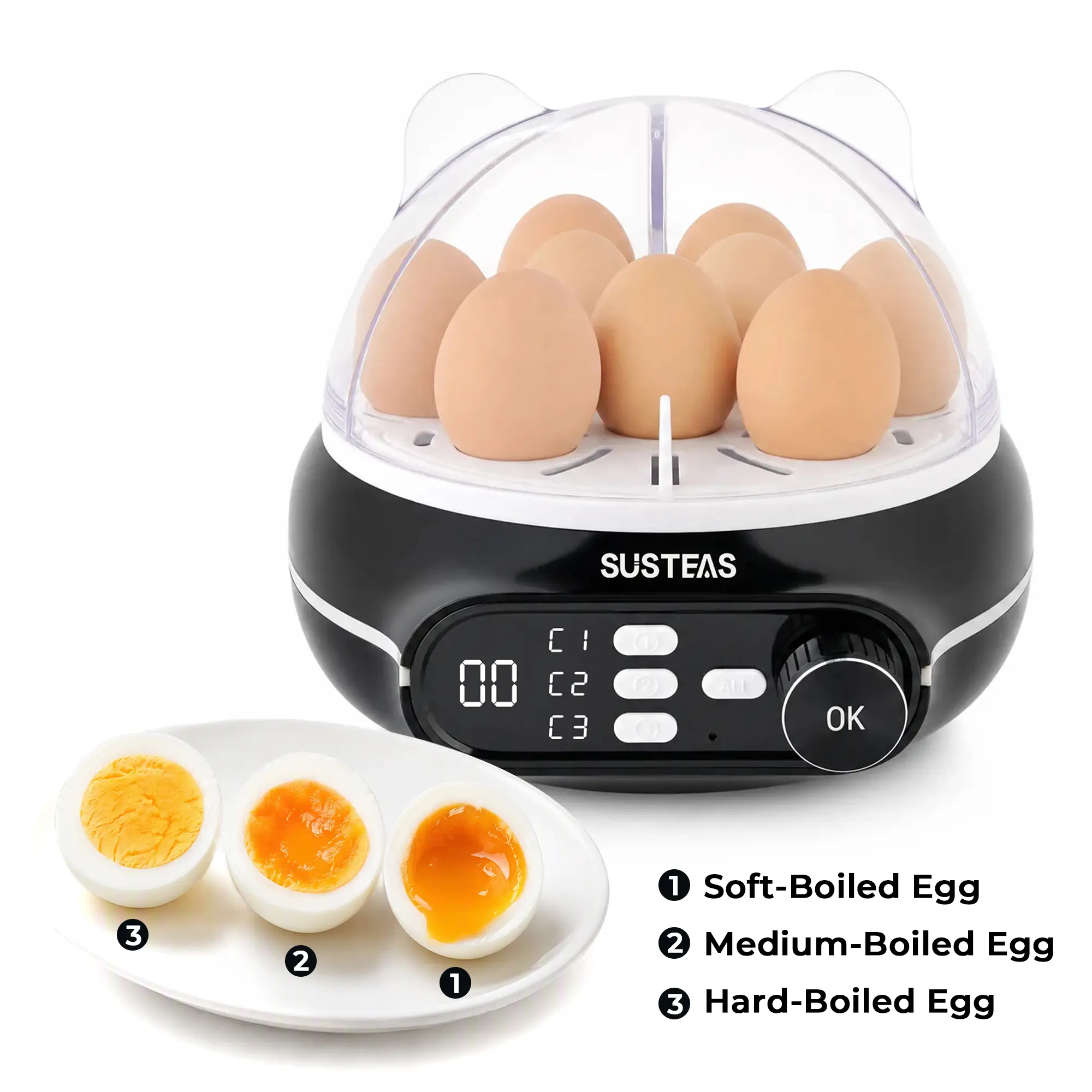 SUSTEAS Timer Egg Boiler - 3 Independent Cooking Zones, 9-Piece Large Capacity, Pre-Set Timing, Voice Reminder, Energy-Saving Design, Egg & Milk Pudding Tray, Versatile Doneness Settings for Family Breakfast