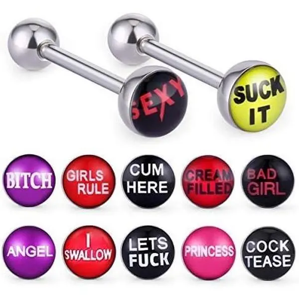 Women's 12-Pack 14G Tongue Rings - 316L Stainless Steel Straight Barbells with Fancy Word Logos, Hypoallergenic Body Piercings Jewelry