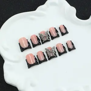 10 square handmade nail tips, Y2K， 3D butterfly, black border, French style, hand drawn design, nail art patches, suitable for women's nail stickers, shiny nails for dating and daily wear, including tool kit，press-on nails