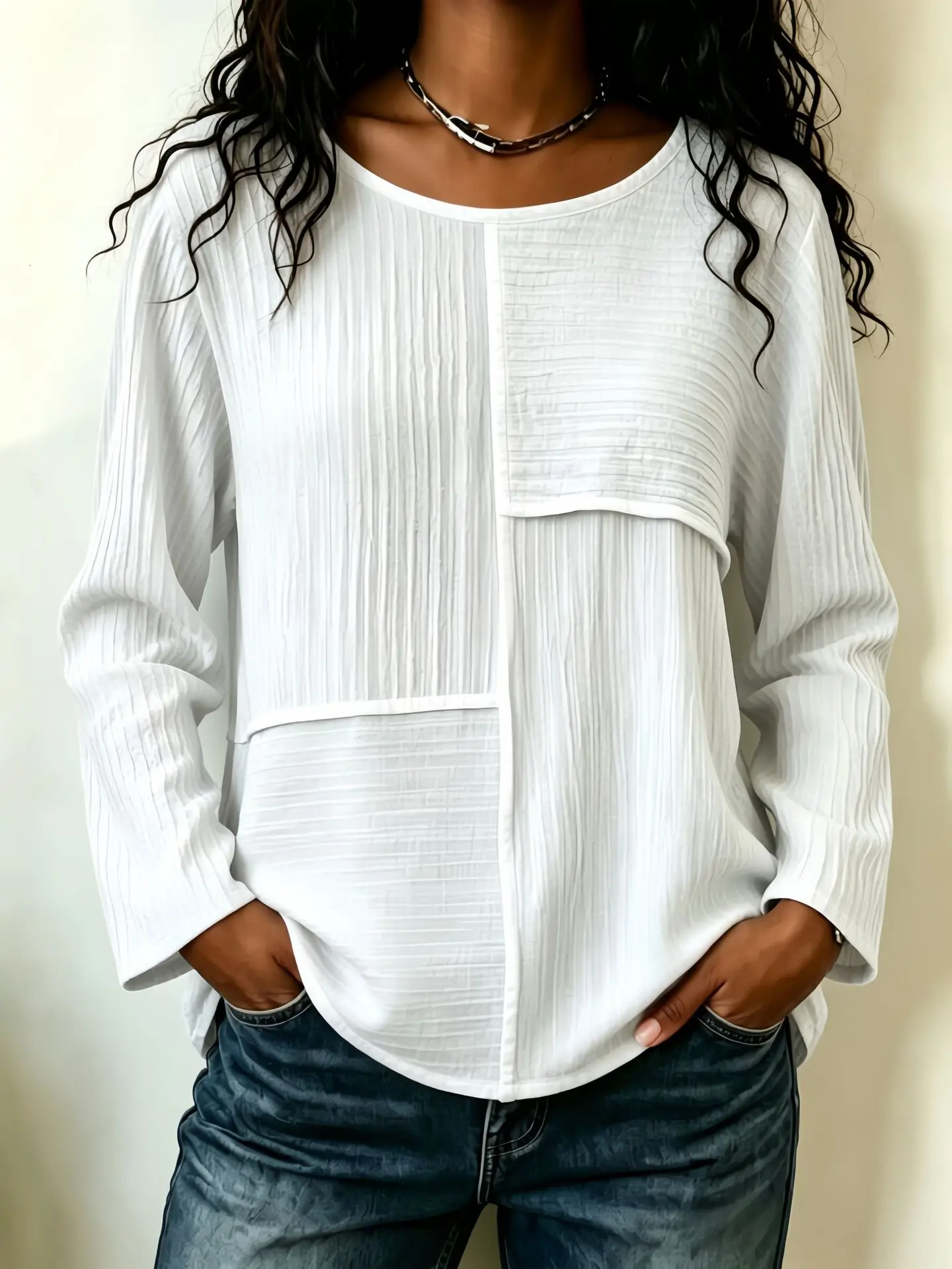 2026 women's new long sleeved round neck patchwork top T-shirt casual loose fit