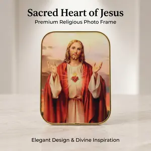 Sacred Heart of Jesus Religious Picture Frame, 6x8 Inch Catholic Wall Decor, Christian Home Blessing Art, Religious Gift for Easter & Baptism, Gold Border Holy Icon