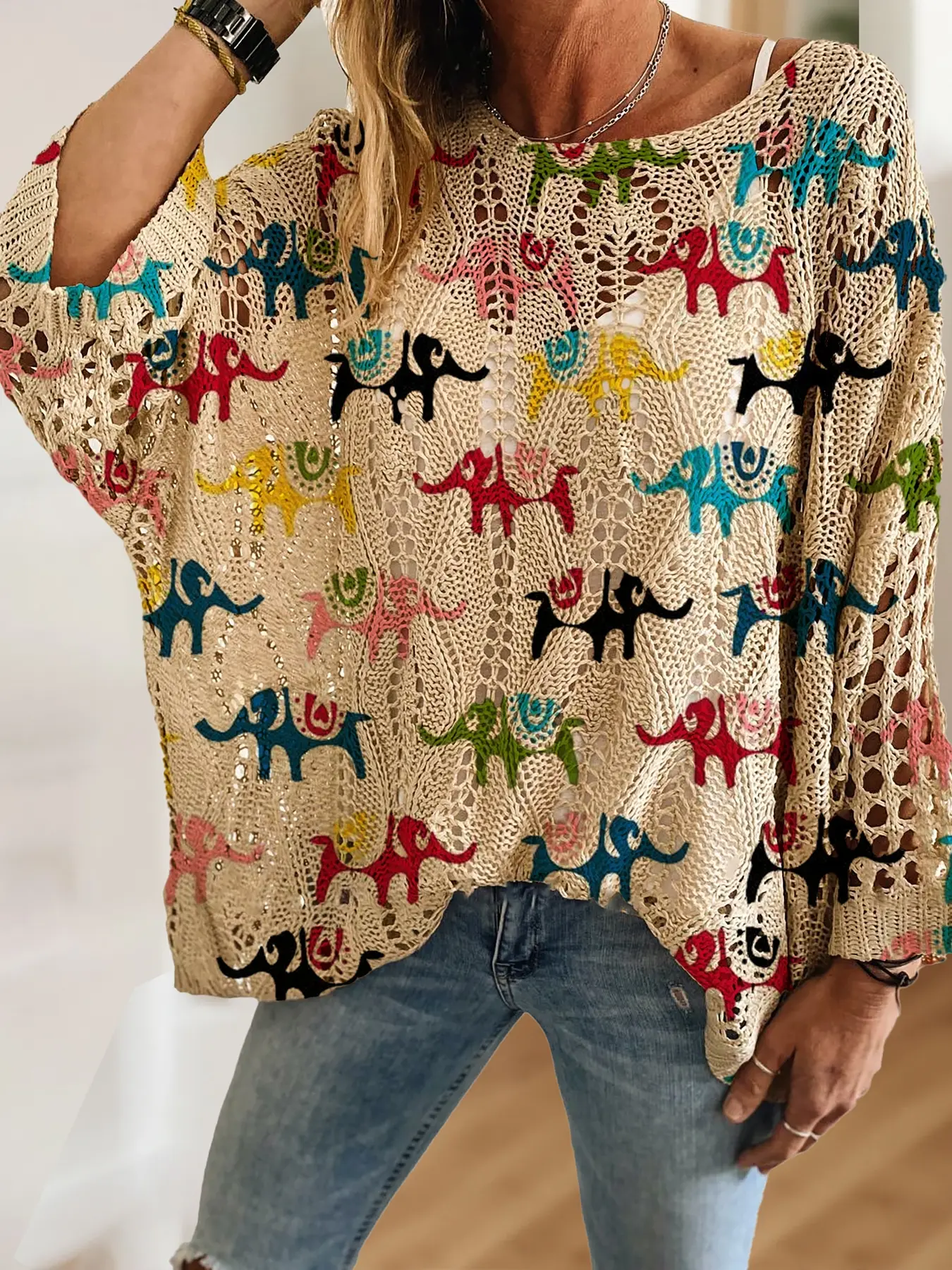 Women's Geometric Abstract Colorblock Animal Print Long Sleeve Knit Hollow Out Top, Casual Elegant Vacation Style Sweater, Spring Summer Fall Fashion