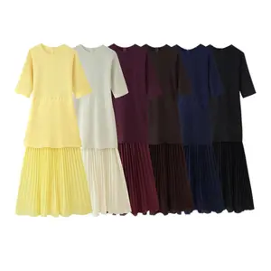 Women Retro Short Sleeve Crew Neck Splicing Knit Dress Solid Slight Stretch Pleated Patchwork Knit Dress