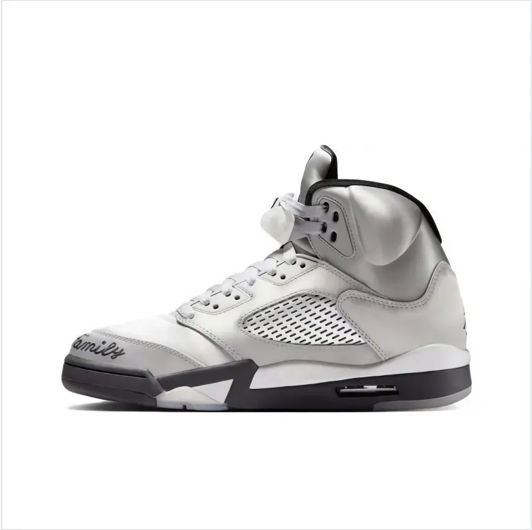 High top basketball sneakers silver white leather black trim hollow mesh panel letter detail air cushion sole sleek modern silhouette fashion streetwear breathable long lasting unisex daily matching footwear