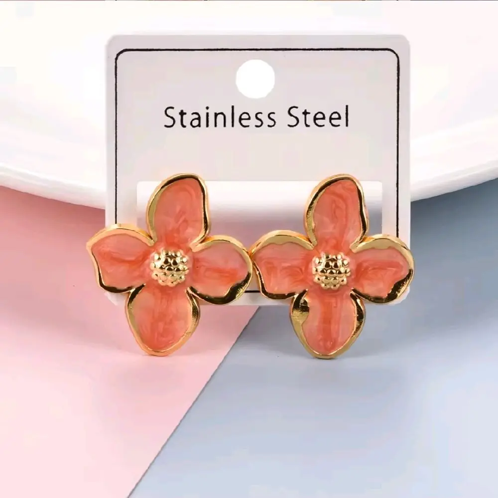 Stainless Steel Elegant Flower Earrings for Women Waterproof Geometric Jewelry Gifts Coral Color Stud Earrings
