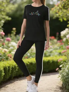 Women's Sporty T-Shirt Set, Gradient Cat Pattern, Side Stripes, 2-Piece, Casual, Gym, Outdoor Running