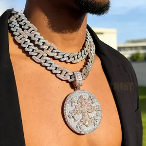 Iced Out Cross Round Pendant Necklace Stainless Steel Two Tone Infinity Cuban Chain Hip Hop Jewelry Gift Party Concert Festival Anniversary Valentines Day Men Unisex Heavy Chunky Fashion Luxury Style