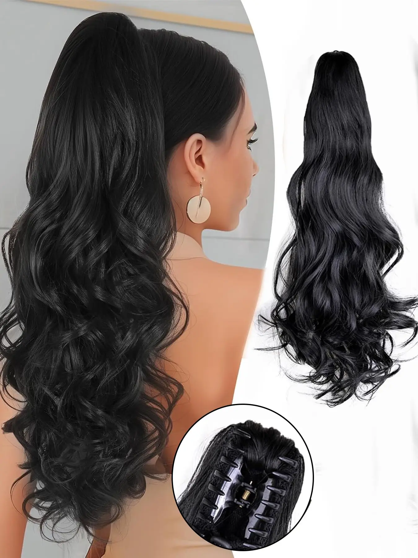 24" Ponytail Extension Long Curly Claw Clip Ponytail Extension Jaw Clip in Pony Tails Synthetic Ponytails Natural Synthetic Hairpiece for Women Daily Curly Ponytail Extensions