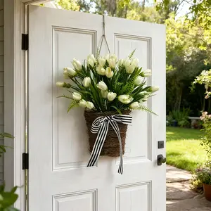 Farmhouse Tulip Hanging Basket, Rustic Style with Striped Bow, Artificial Flower Arrangement Fake Tulips for Front Door, Wedding Decor, Outdoor Window Sill