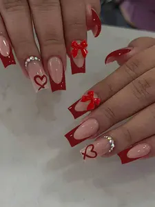 24pcs/Set Acrylic Press-On Nails, Heart Pattern, Red French, Rhinestone Bow Design, Long Coffin Shape, Perfect Fit Fake Nails, Includes 1pc Jelly Gel And 1pc Nail File, French Manicure, Suitable For Women And Girls, Daily And Party Nail Accessories