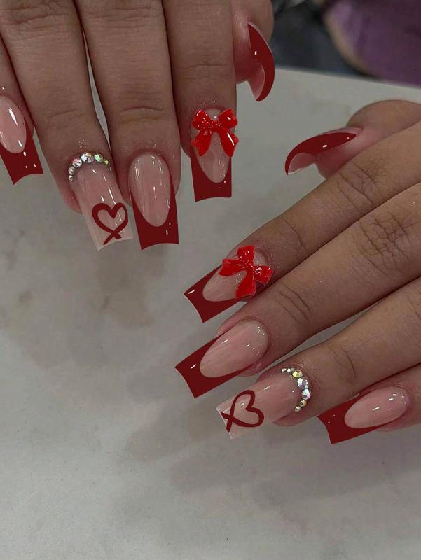 24pcs/Set Acrylic Press-On Nails, Heart Pattern, Red French, Rhinestone Bow Design, Long Coffin Shape, Perfect Fit Fake Nails, Includes 1pc Jelly Gel And 1pc Nail File, French Manicure, Suitable For Women And Girls, Daily And Party Nail Accessories