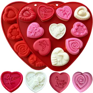 2PCS Heart Shaped Silicone Molds, 10-Style Valentines Day Mold Silicone Heart Mould with Love Rose Bow Shaped Moulds for Chocolate Candy Ice Cube Jelly Gummy Candle Cake Pop Cake Soap